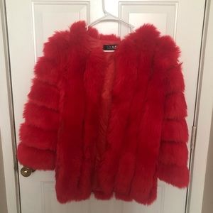 Red faux fur coat